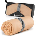 Beige microfiber quick-dry travel towel in roll form with mesh pouch