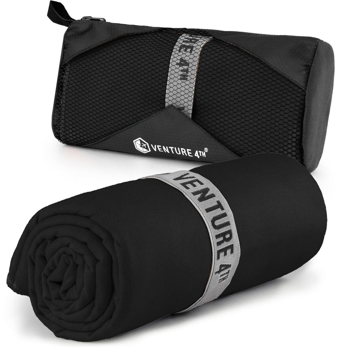 Rolled black microfiber quick-dry travel towel with mesh-texture pouch