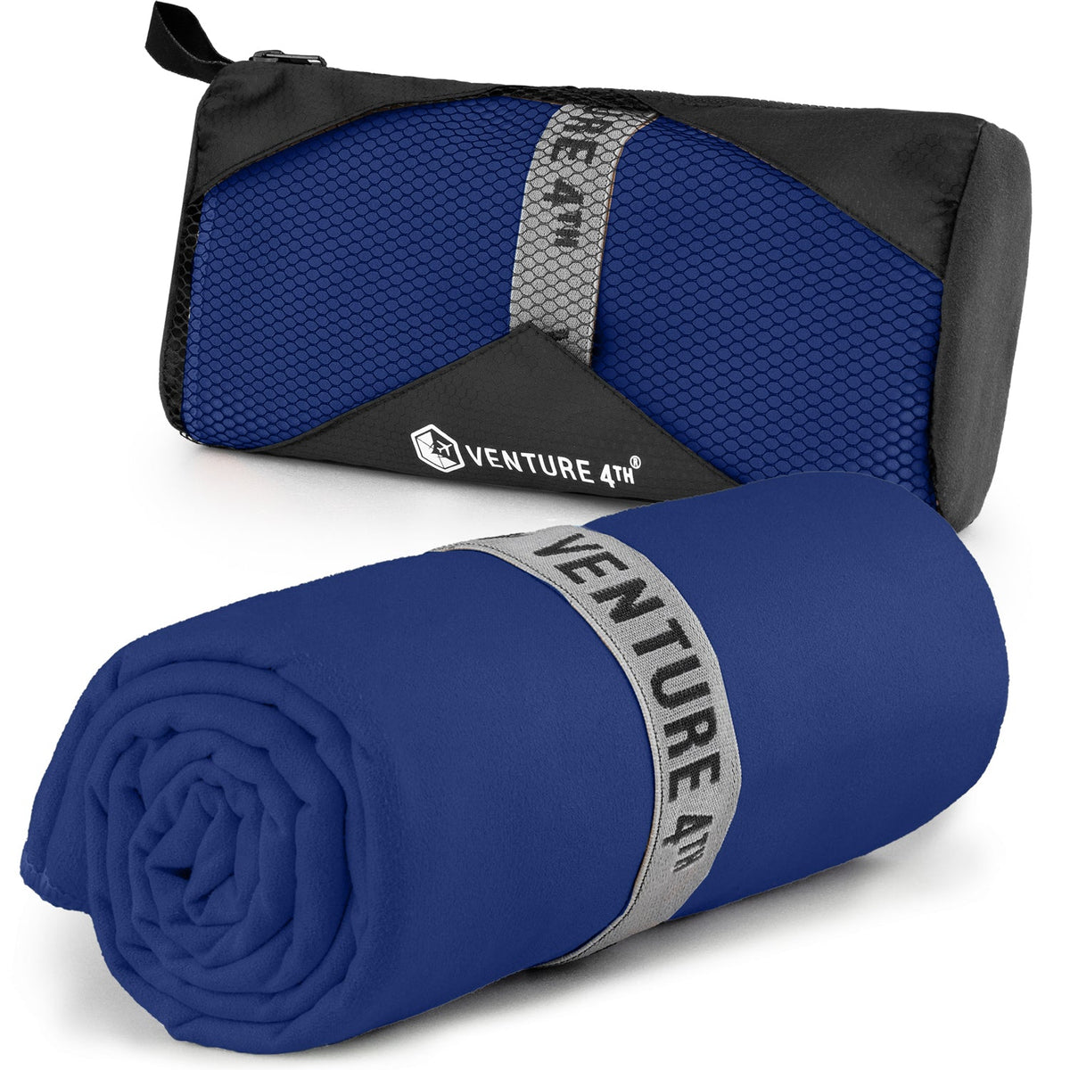 Navy microfiber quick-dry travel towel roll with carry pouch