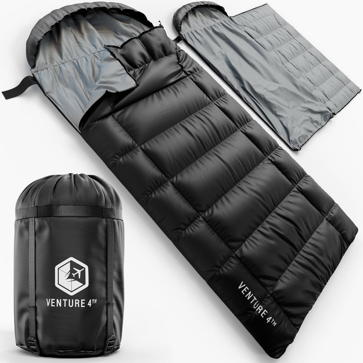 XXL sleeping bag set with black and gray sleeping bag and compression sack