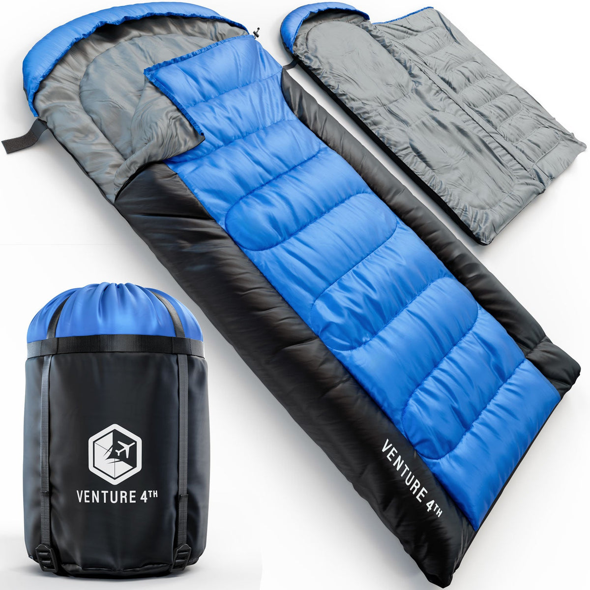 Venture 4th big and tall sleeping bag, blue and black with hood and quilted panels