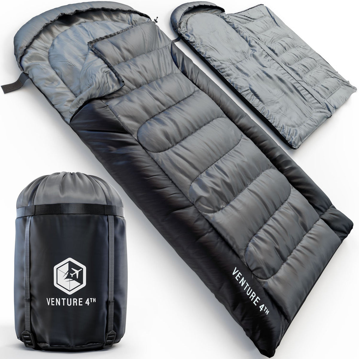 Blue and gray sleeping bag with black compression sack and hooded top
