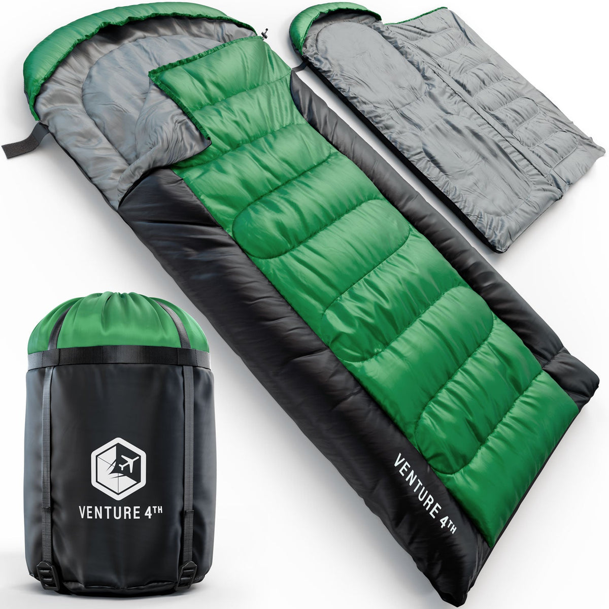 Venture 4th big and tall sleeping bag, green and black with hood and quilted panels