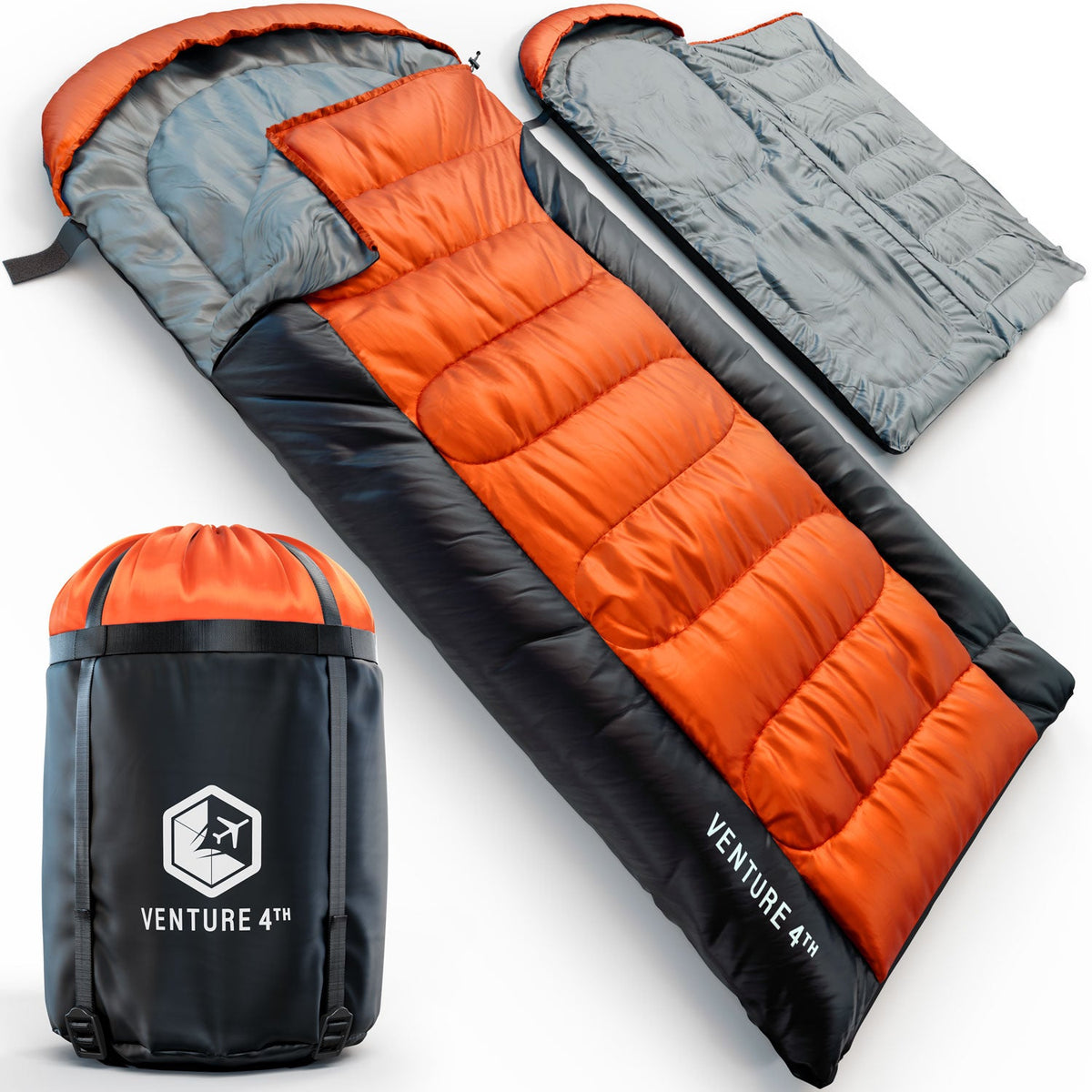 Orange and gray sleeping bag with black compression sack and folded design