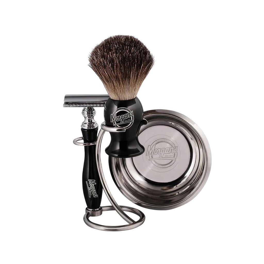 Shaving brush and razor set with circular lather bowl on glossy black holder