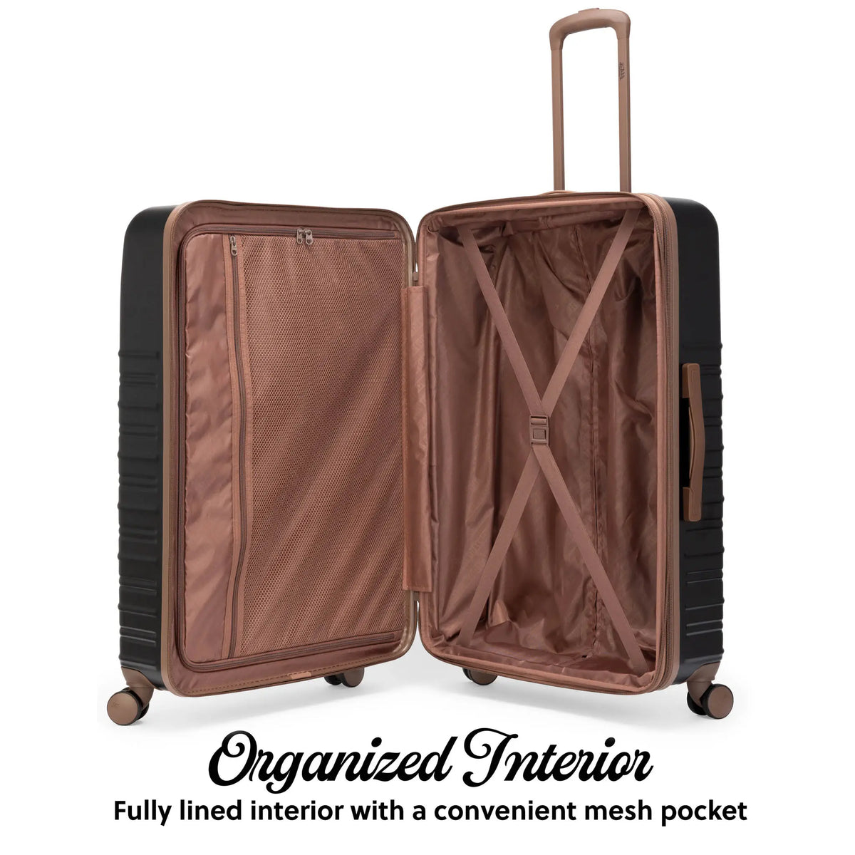 3-piece hardside spinner luggage set with open interior compartments and mesh pocket lining