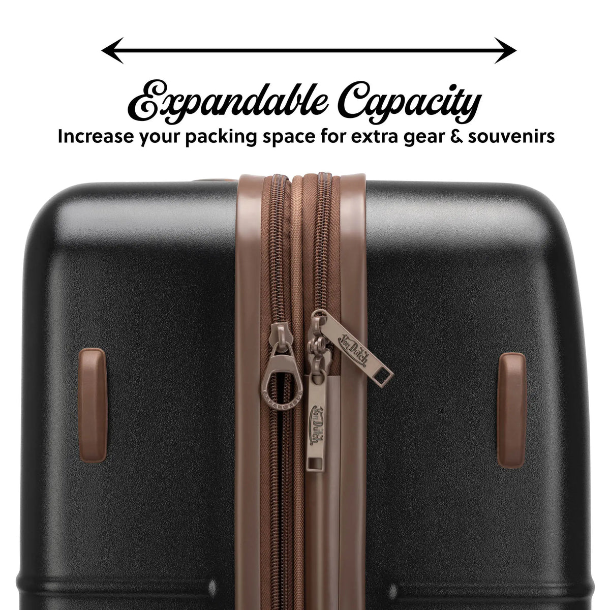 Hardside spinner luggage with dark shell and expandable zipper track, tan center panel