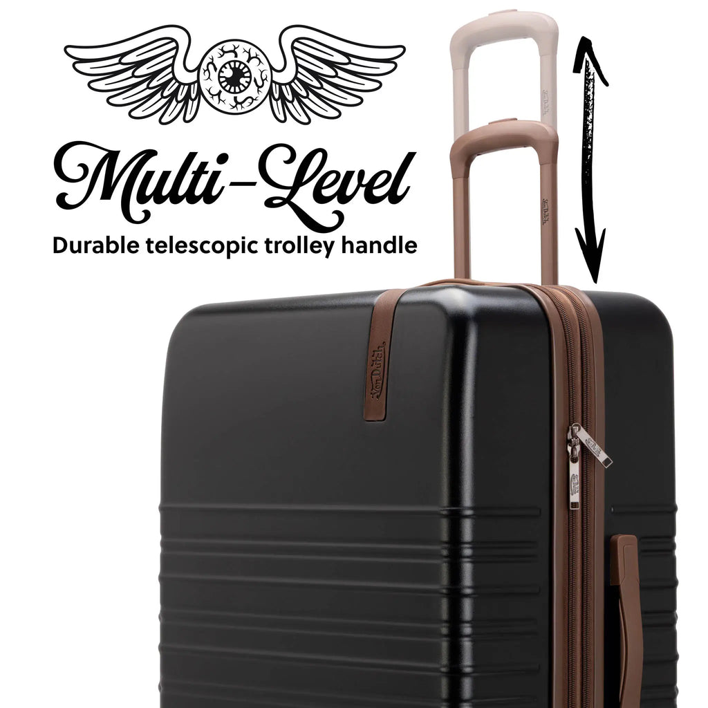 Hardside spinner luggage with telescoping handle and tan-rimmed zipper closure