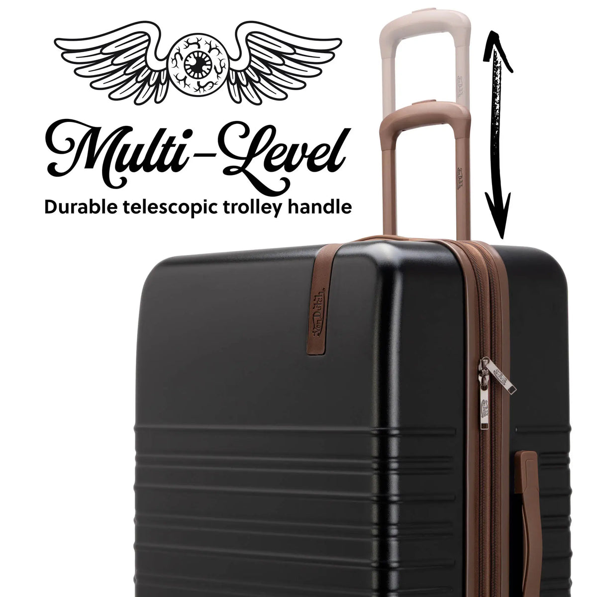 Hardside spinner luggage with telescoping handle and tan-rimmed zipper closure