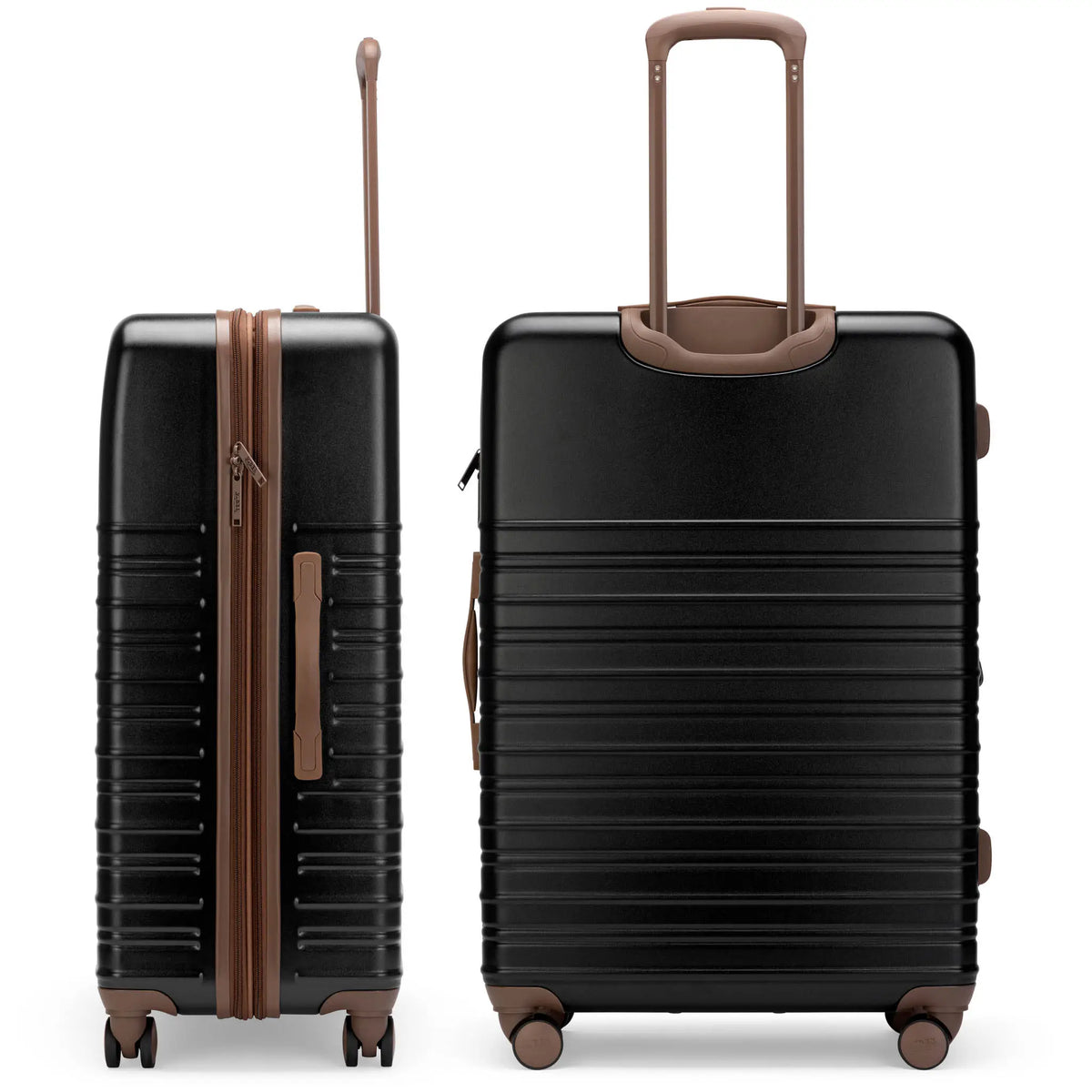 Two-piece view of dark hardside spinner luggage with tan handle trim and side zipper