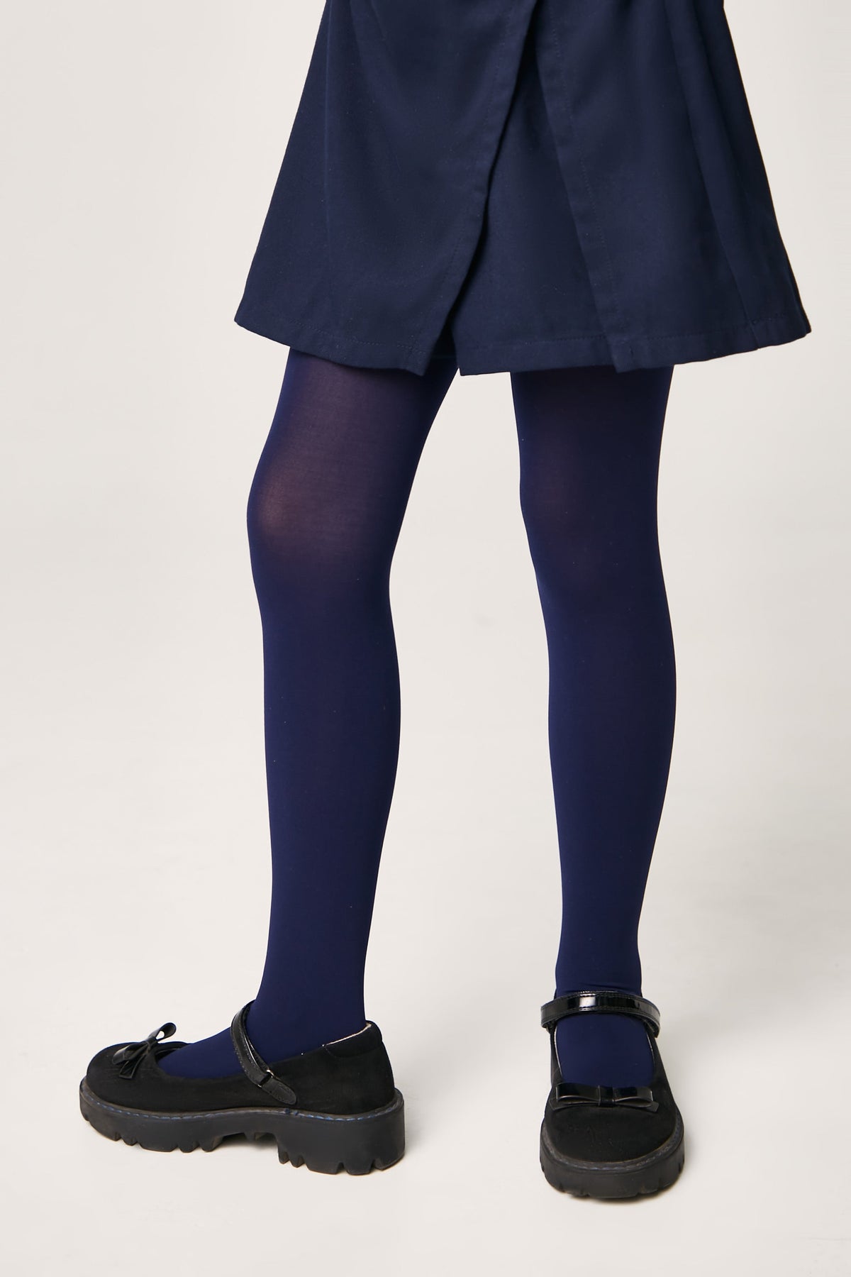 Girls 60 den velour tights in deep navy, smooth velour look, full length