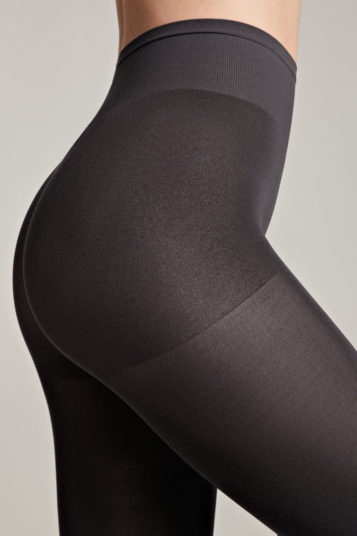 Dark gray matte opaque velour-top tights with wide knit waistband