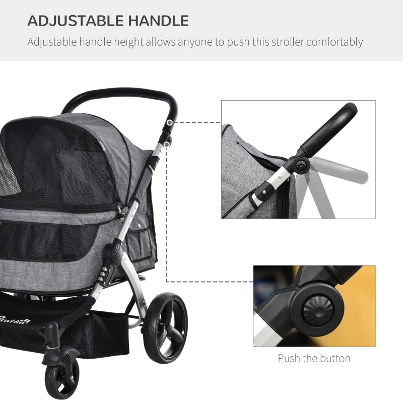 Pet stroller with adjustable handle height and front caster wheels in gray and black.