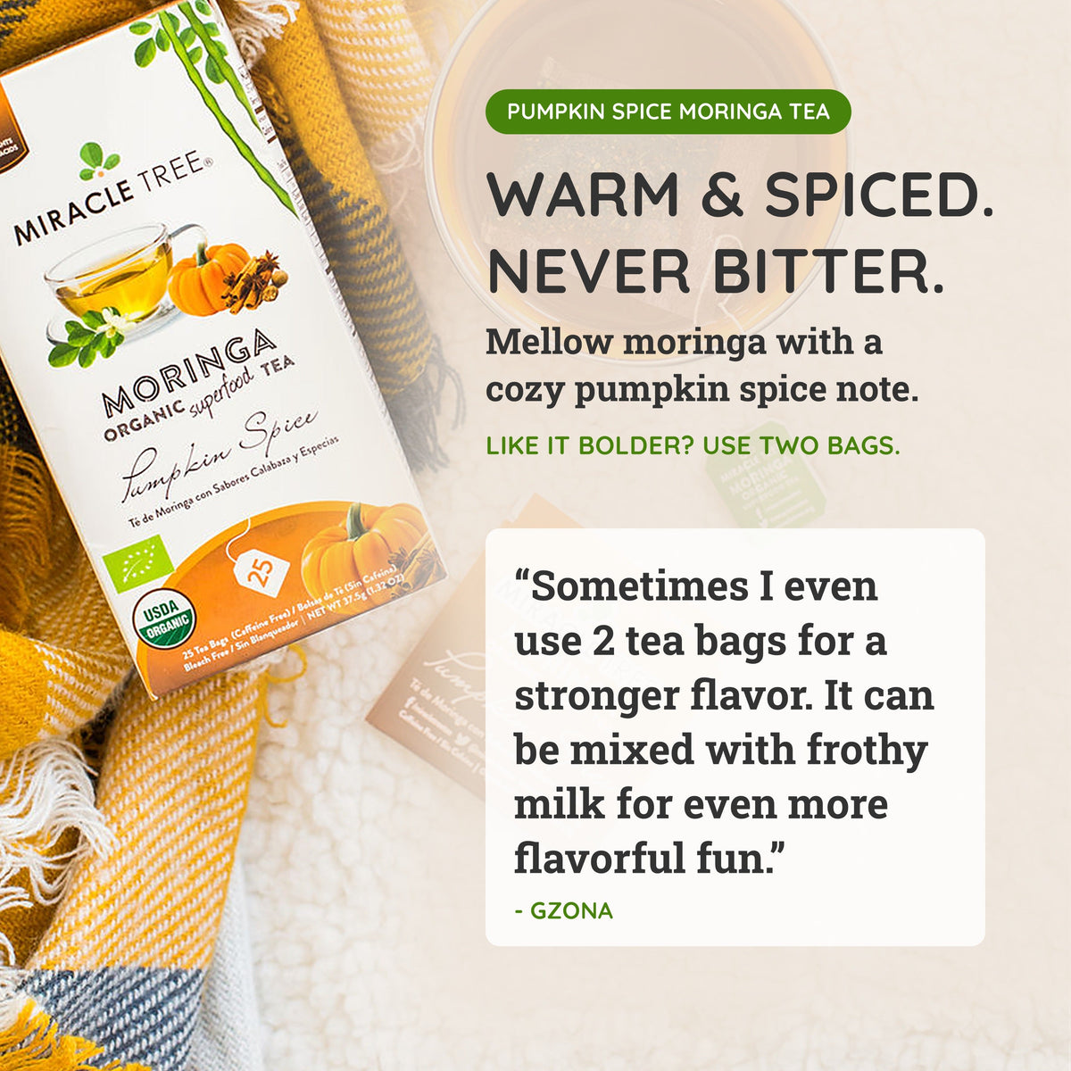 Moringa pumpkin spice tea box and cup with golden tea plus loose tea bag