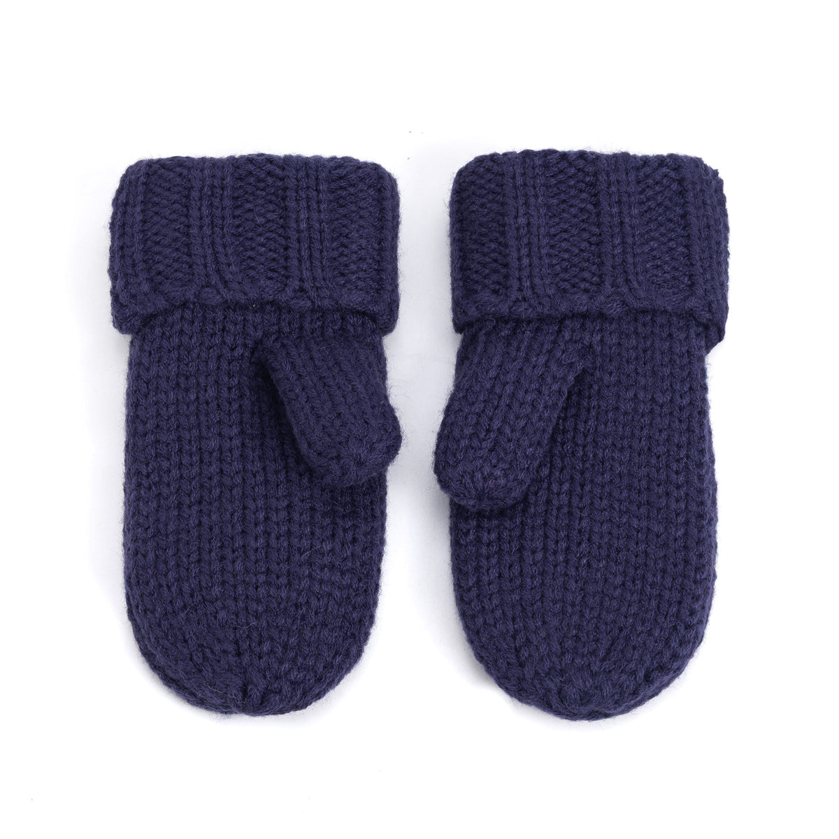 Navy knit mittens, ribbed cuff detail, pair view