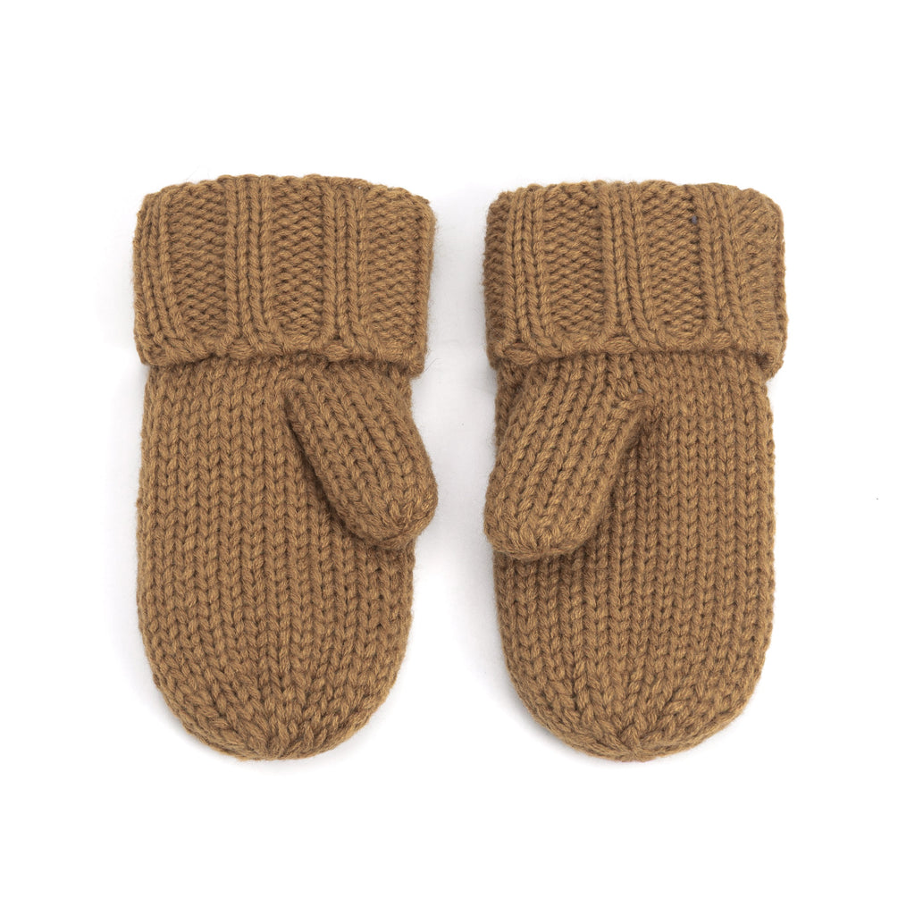 Brown knit mittens with ribbed cuffs and thumb pocket, pair