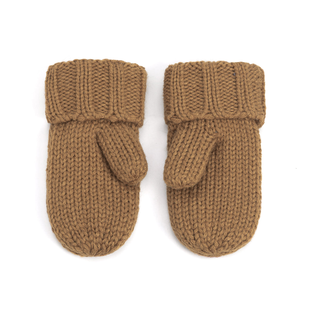 Brown knit mittens with ribbed cuffs and thumb pocket, pair