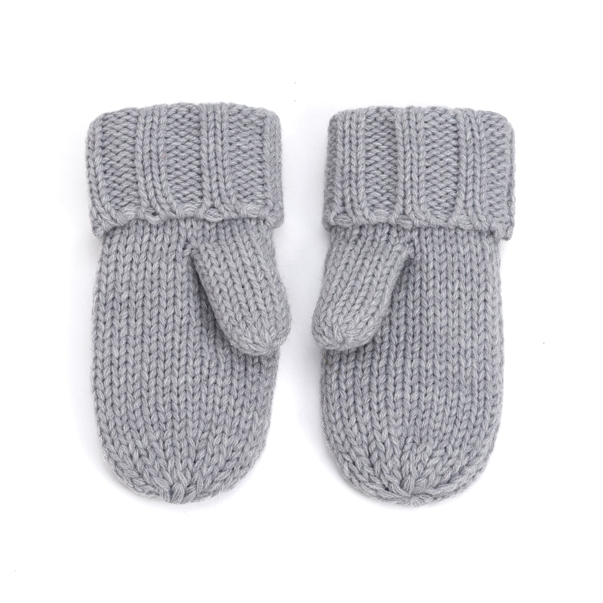 Grey knit mittens with ribbed cuffs and thumb pocket, pair