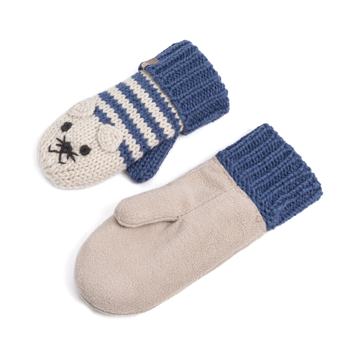 Blue and cream striped knit mittens with fleece lining and cat face detail