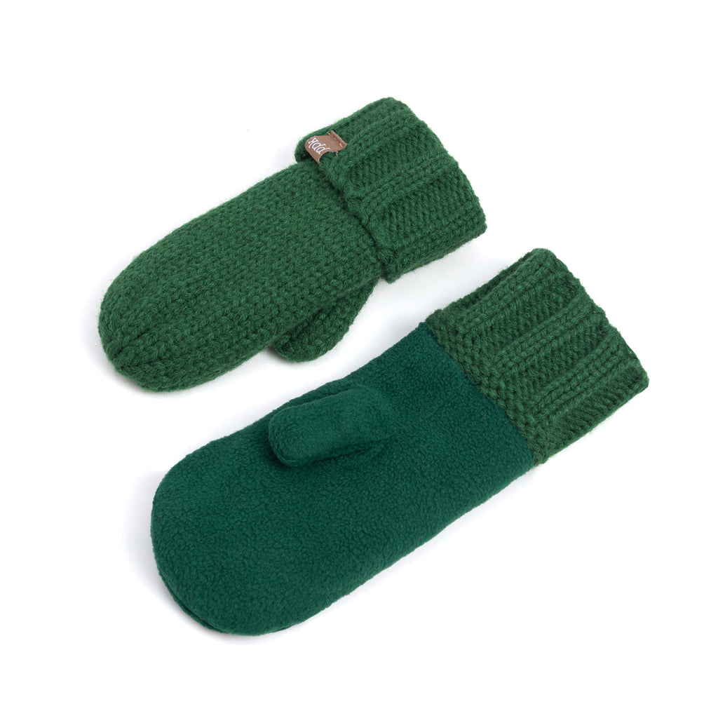 Forest green fleece-lined knit mittens with ribbed cuffs, pair view