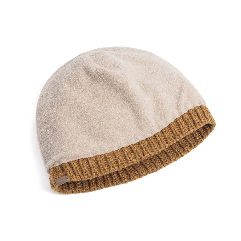 Boys fleece-lined beanie with tan knit cuff, off-white body