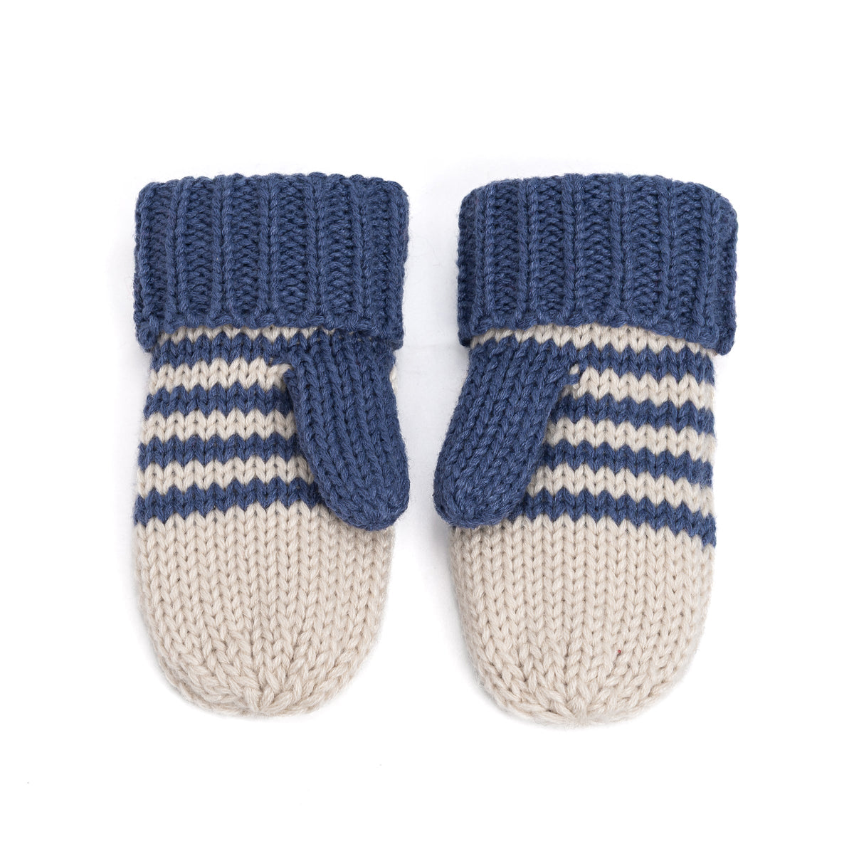Pair of blue and cream striped knit mittens with solid blue cuffs