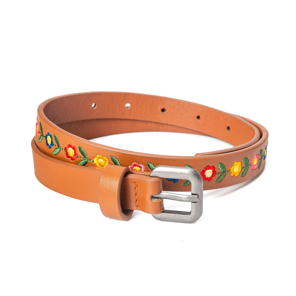 Kids leather belt with floral embroidery and silver square buckle, brown