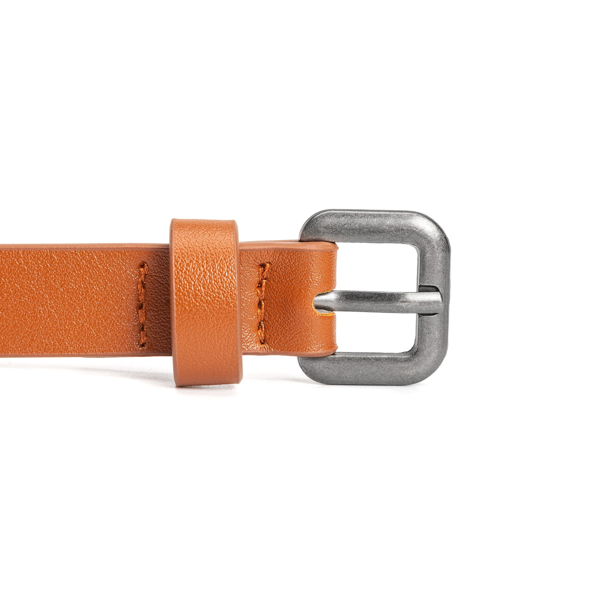 Kids leather belt close-up: brown strap with silver buckle and stitched end