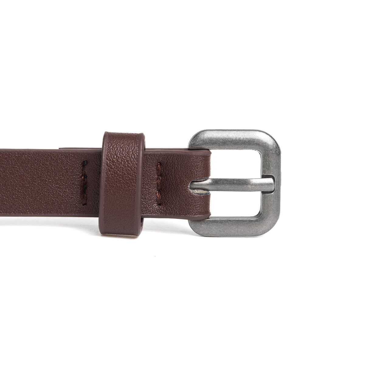 Kids leather belt close-up: dark brown strap with silver buckle and stitched tab