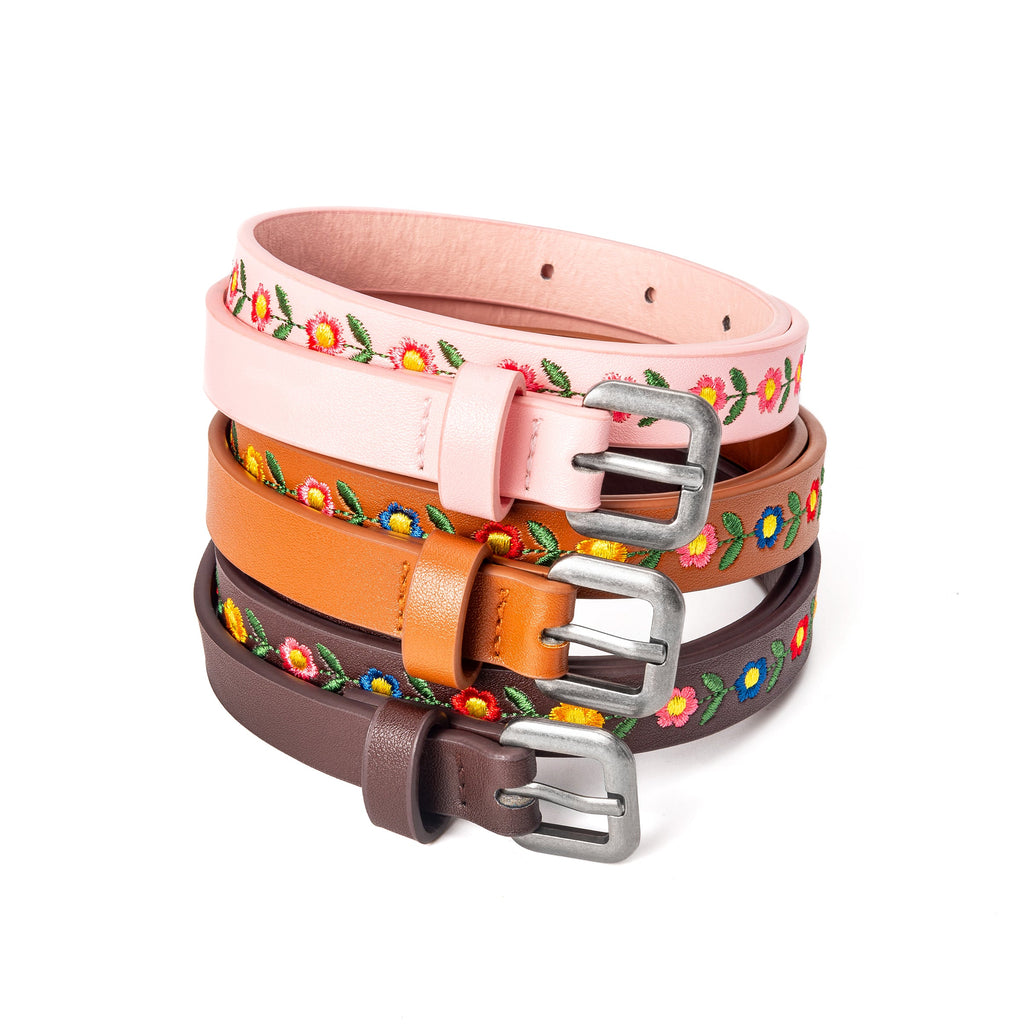 Kids leather belt set: light pink, orange, and dark brown belts with floral embroidery