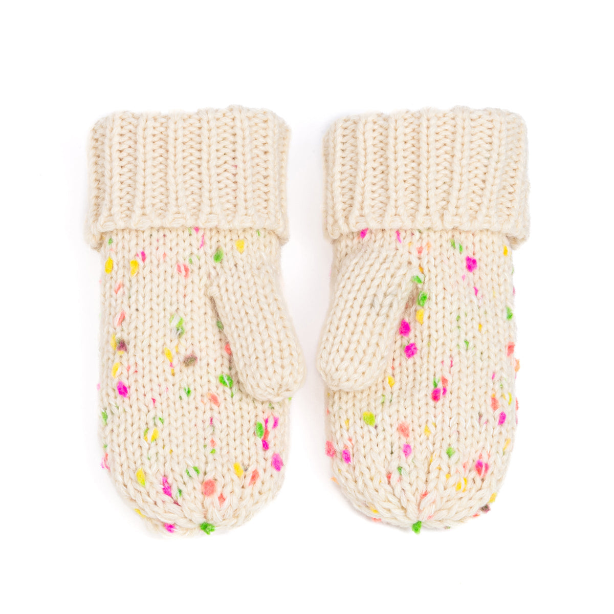Pair of off-white speckled knit mittens with ribbed cuffs and colorful speckles