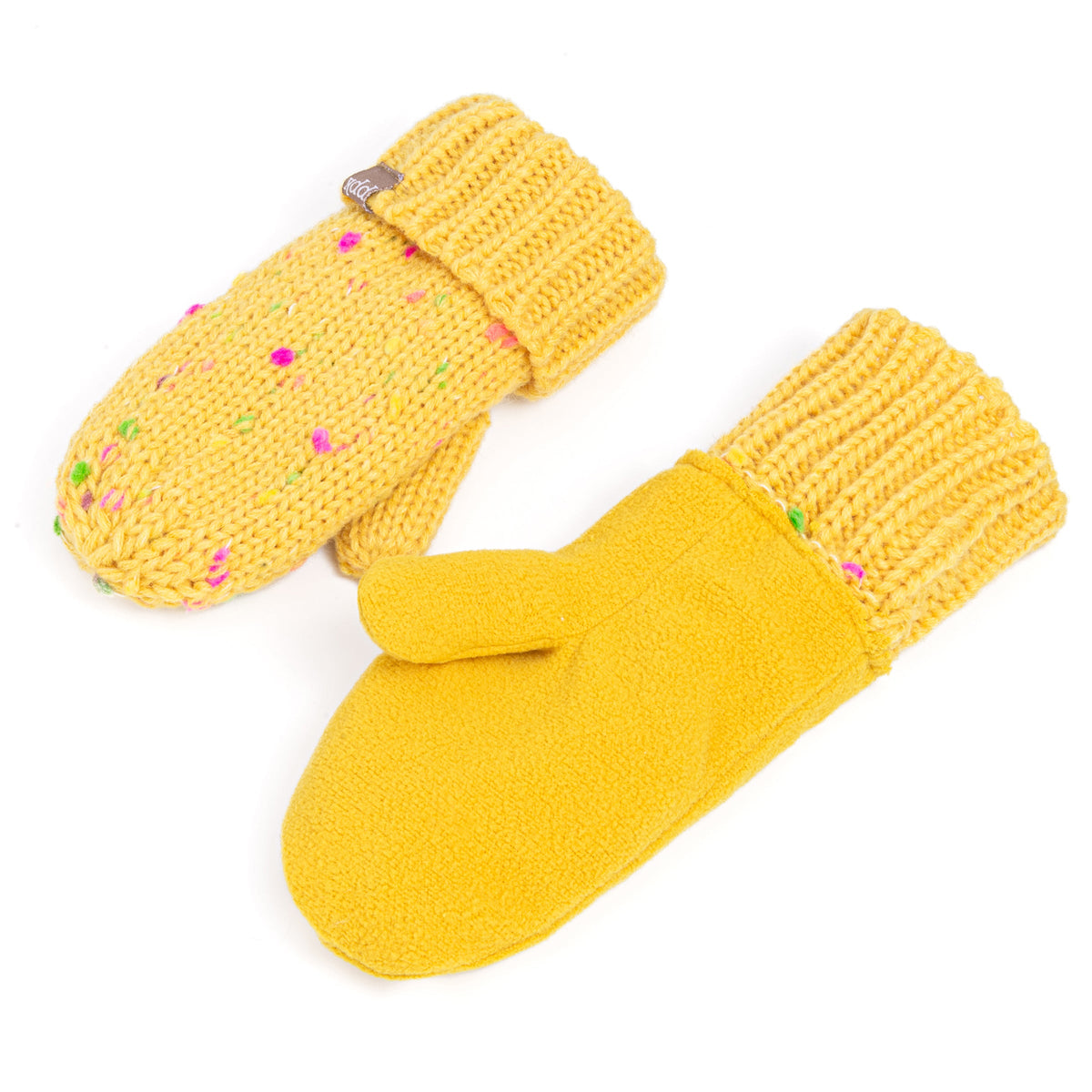 Fleece-lined kids knit mittens in bright yellow with multicolor speckle dots and cuffs.