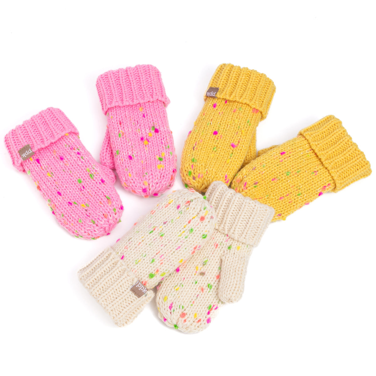 Kids speckled knit mittens set: pink, yellow, and off-white pairs with multicolor dot speckles.