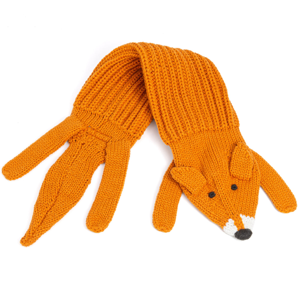 Orange knitted fox scarf with curled ear tips, stitched paws, and button eyes