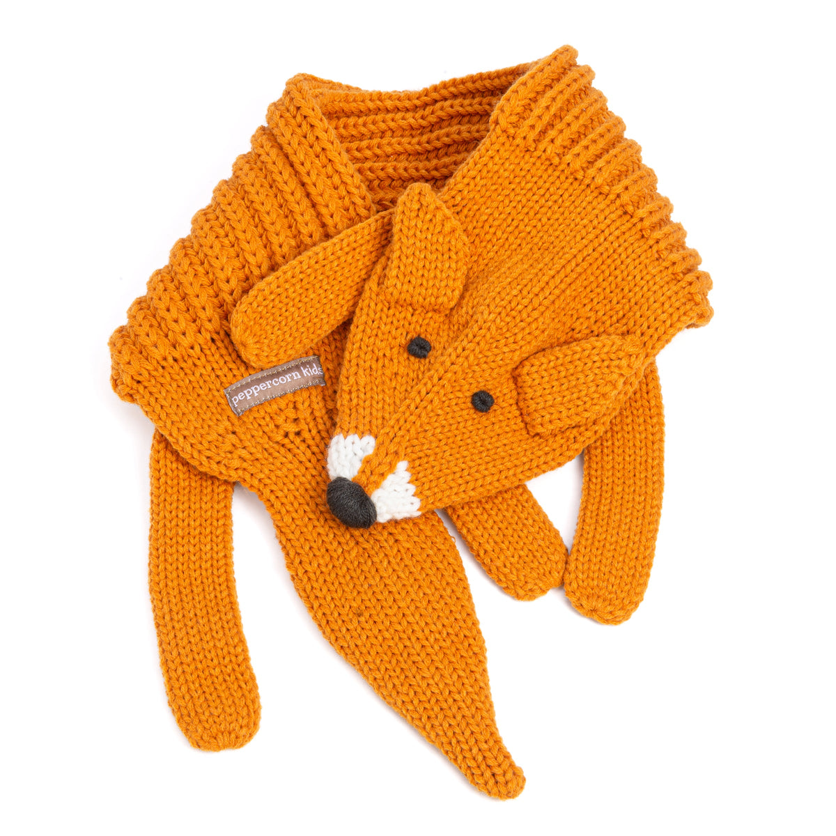 Orange knitted fox-shaped kids neck scarf with long ear flaps and button eyes