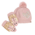 Mauve pink knit beanie with pom-pom and heart patch; matching rabbit mittens set
