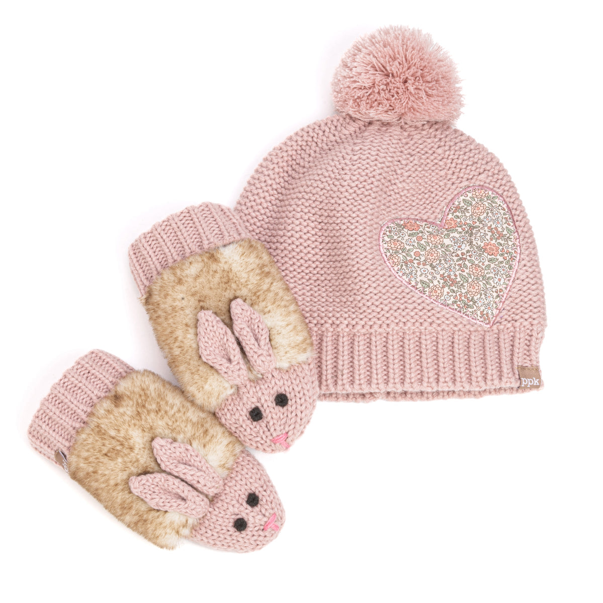 Mauve pink knit beanie with pom-pom and heart patch; matching rabbit mittens set