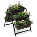 Three-tier raised garden planter with dark rectangular boxes on a sturdy stand