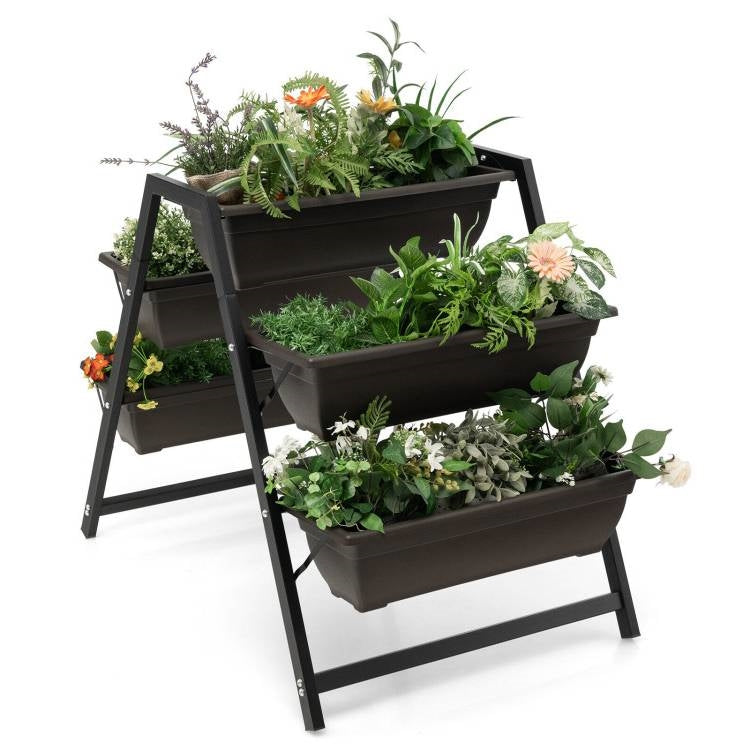 Three-tier raised garden planter with dark rectangular boxes on a sturdy stand