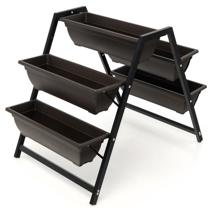 Three-tier raised planter with three long dark planters and black support legs