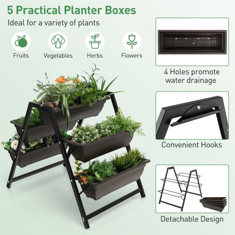 Three-tier raised garden planter stand with three planter boxes, filled with plants