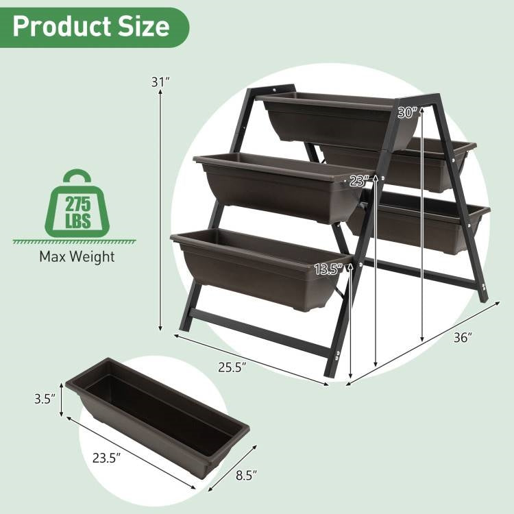 Three-tier raised garden planter with three rectangular boxes and side support frame