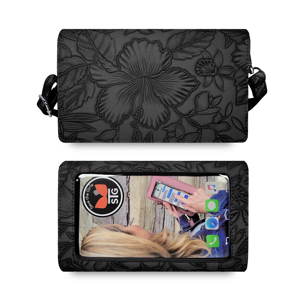 Black floral embossed RFID crossbody wallet with zipper and side strap ties