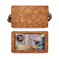 Rust floral embossed RFID crossbody wallet with zipper and side handle straps