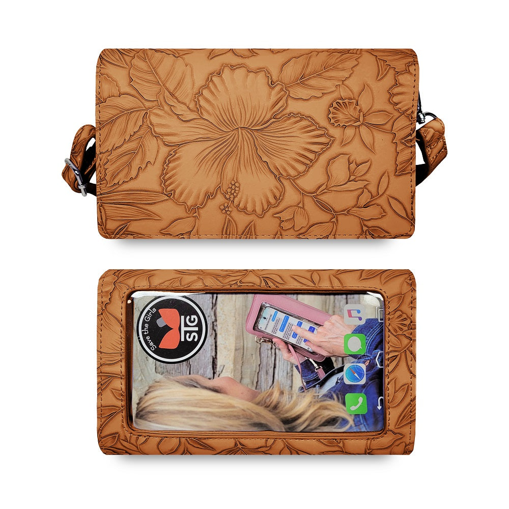 Rust floral embossed RFID crossbody wallet with zipper and side handle straps