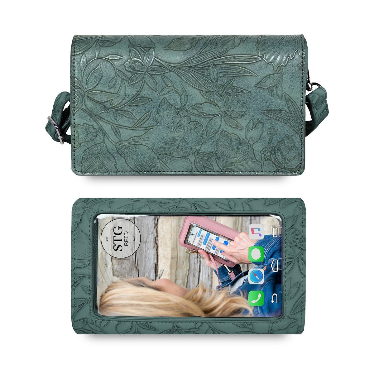 Smoky teal floral embossed RFID crossbody wallet with zipper and side strap ties