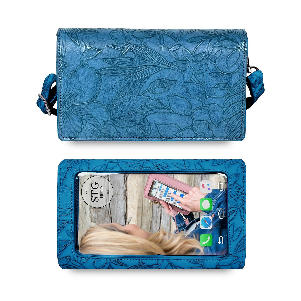 Topaz blue floral embossed RFID crossbody wallet with zipper and side strap ties