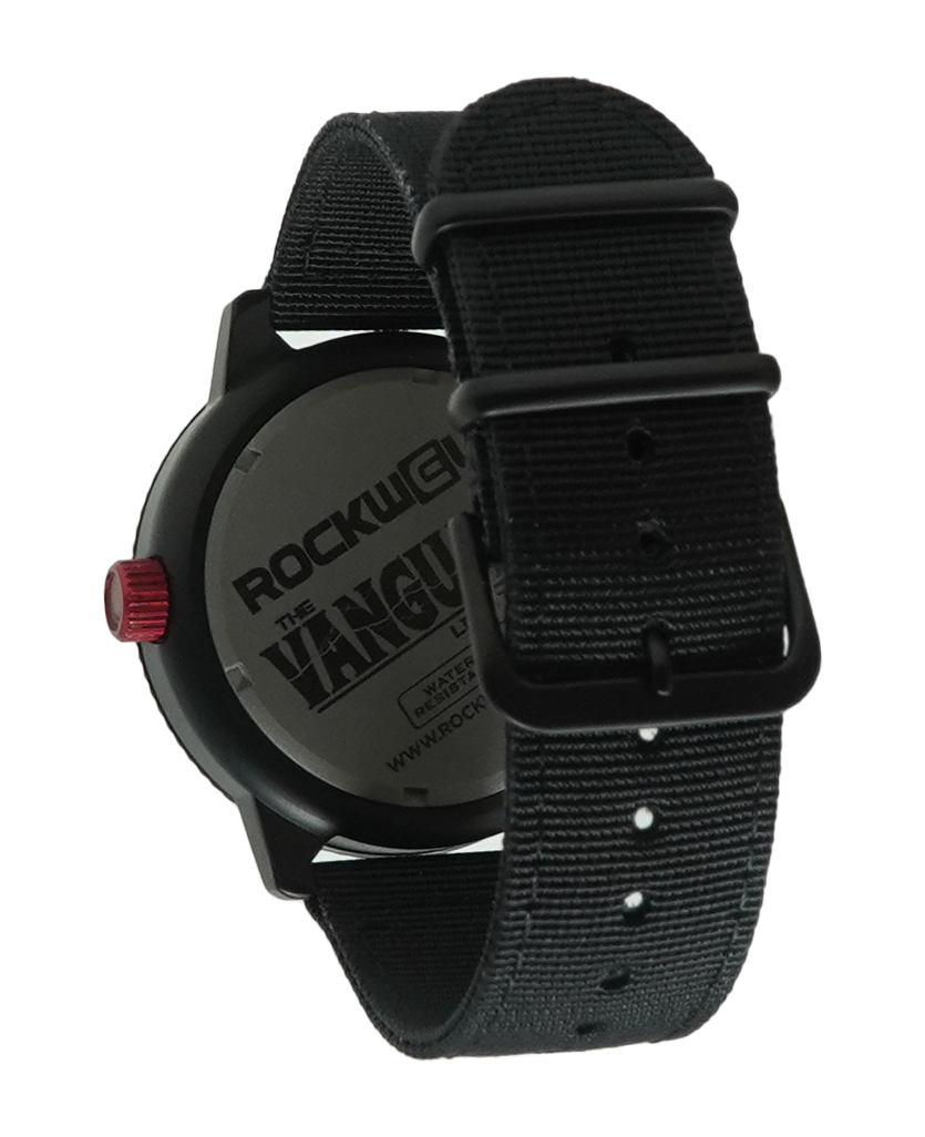 Back view of black camo wristwatch with textured fabric band and red crown accent