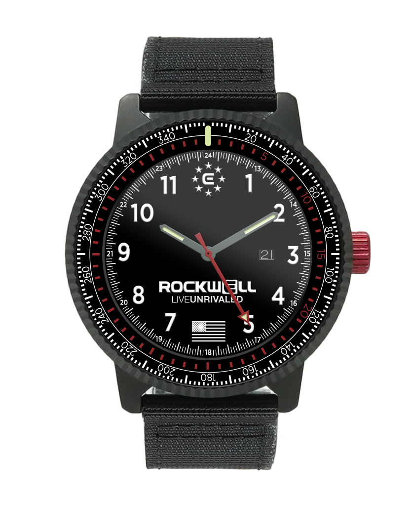 Vanguard black watch with black textile strap and dark round analog dial
