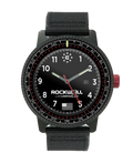 Vanguard black watch with black textile strap and dark round analog dial